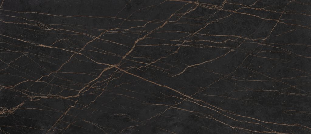 Schwarze Natursteinplatte mit goldbraunen Adern
